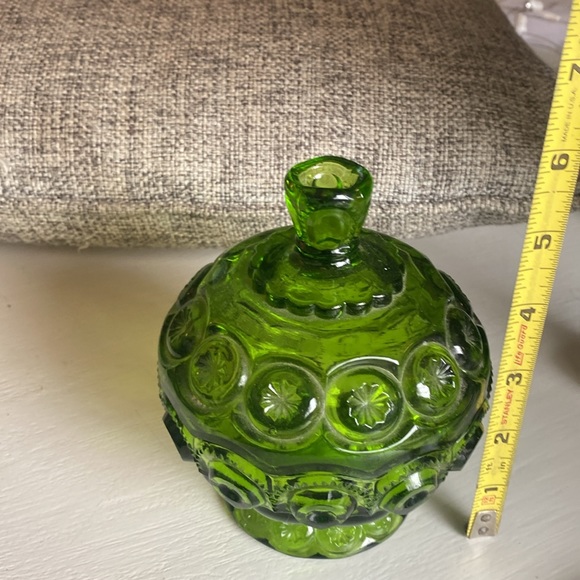 Vintage LE SMITH moon stars green glass pedestal covered candy Dish/ lid RARE - Picture 4 of 6